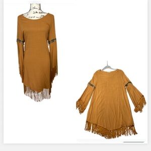 JODIFL  Western Bohemian Style Rust Gold Long Sleeve Fringe MIDI  Dress